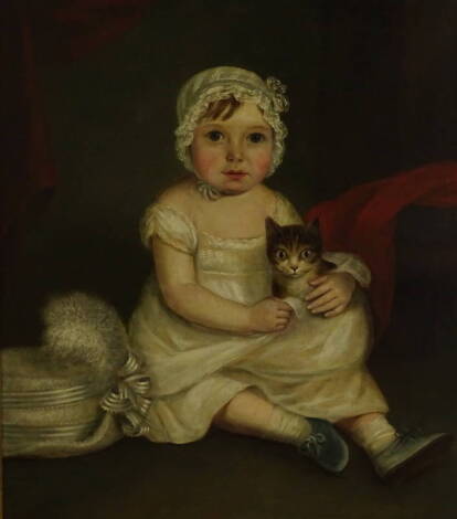 Early 19thC School. Girl seated with cat, wearing blue shoes and bonnet, oil on relined canvas, moulded gilt frame, 75cm x 64cm.