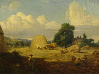 19thC School. Rural landscape gathering the hay with many figures amongst the corn stooks and tapering stack, oil on a relined canvas, possibly Dutch or American colonial, 35cm x 42cm.