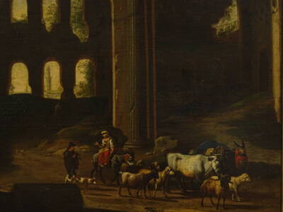 Continental School. Herder and Wife driving animals in classical landscape, oil on canvas, 50cm x 65cm.