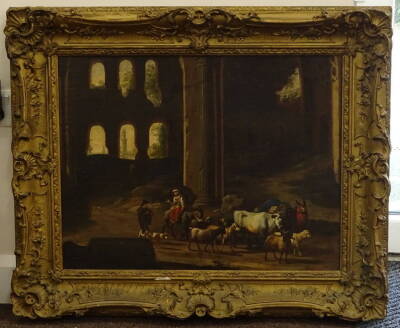 Continental School. Herder and Wife driving animals in classical landscape, oil on canvas, 50cm x 65cm. - 2