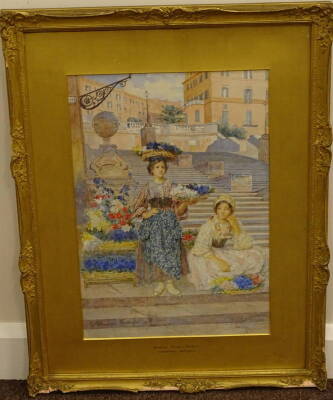 Clelia Bompiani Battaglia (1847-1927). Venetian flower sellers, watercolour, signed, 53cm x 35.5cm. - 2