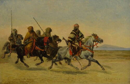 Guiseppe Razzio (1823-1916). Middle Easter Horsemen, oil on canvas, signed and dated (18)83, 53cm x 79cm.