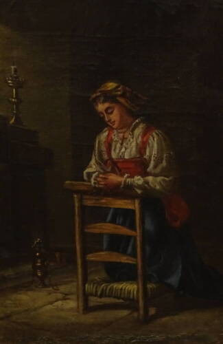 H.T. (19thC). Maiden at prayer, oil on canvas, monogrammed, 33.5cm x 23cm.