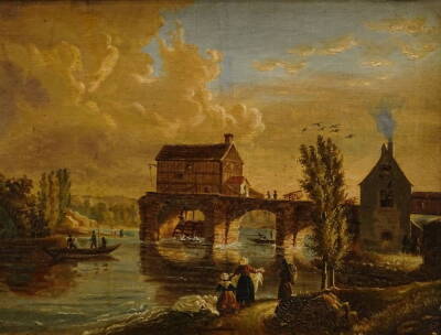 19thC Continental School. River scene with watermill and figures, oil on canvas, 26cm x 34cm.