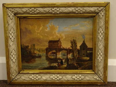 19thC Continental School. River scene with watermill and figures, oil on canvas, 26cm x 34cm. - 2