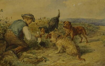 William Edward Millner (1849-1895). Ferreting, watercolour, signed and dated 1867, 29cm x 42.5cm.