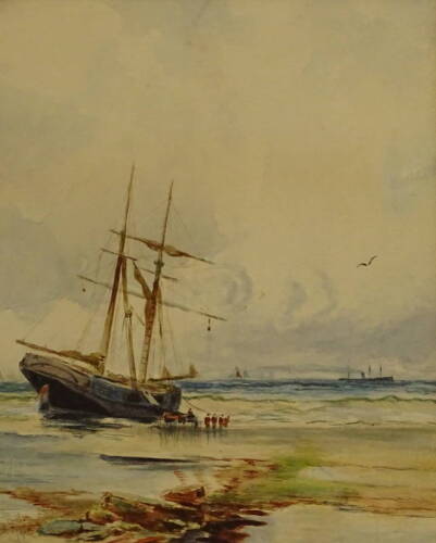 S.S. Roe (19thC). Coastal scene with masted ship, watercolour, signed, 30cm x 24cm.