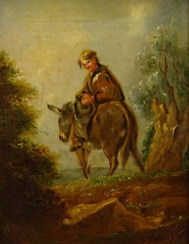 T. West (19thC). Figure on a mule, oil on board, signed and dated, 28.5cm x 21cm.