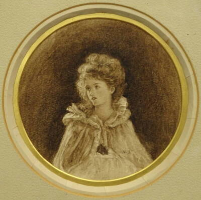 M.B. (19thC). Portrait of a maiden, watercolour, initialled, 13.5cm x 13.5cm.