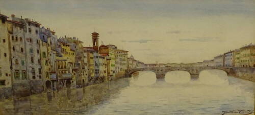 Guilia Cecchi (19thC). River Arno, watercolour, signed, 16cm x 34.5cm. Label verso Frost and Reed.