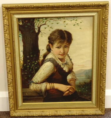 Fredinando Castelli (19thC). Portrait of a young girl in landscape, oil on canvas, signed, 49cm x 38cm. - 2