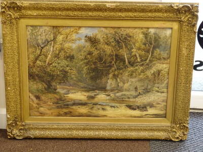 David Hall McKewan (1816-1873). The Simla - Tully Moor Park, Co Down Ireland (as labelled verso), Fisherman in a rocky stream and landscape, watercolour, signed lower left and dated 1863 or 5, moulded gilt frame, 50cm x 74cm. - 2