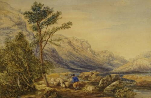 David Cox (1809-1885). Mountain landscape with sheep herder, watercolour, 38cm x 54cm.