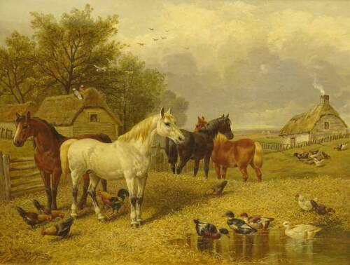 John Frederick Herring (1815-1907). Horses, ducks and chickens in farmyard scene, oil on canvas, signed, 39cm x 49.5cm.