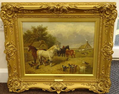 John Frederick Herring (1815-1907). Horses, ducks and chickens in farmyard scene, oil on canvas, signed, 39cm x 49.5cm. - 2