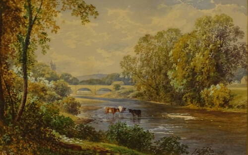 Albert Goodwin (1845-1932). River landscape with cattle, watercolour, signed and dated 1873, 24cm x 34.5cm.