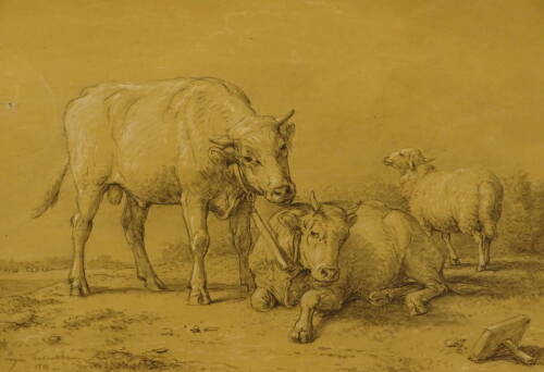 Eugene Joseph Verboeuckhoven (1788/89-1881). Cattle and sheep, pencil with highlight, signed and dated 1876?, 34.5cm x 49.5cm.