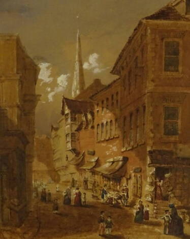 19thC Continental School. Street scene with figures, watercolour, 31.5cm x 24 cm. and another (2).