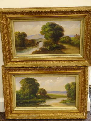 19thC British School. River landscapes, oil on boards - pair, 23.5cm x 44.5cm. - 3