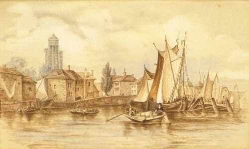 S.C.F. (19thC/20thC). Harbour scene, watercolour, initialled, 12cm x 18cm.