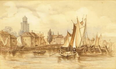 S.C.F. (19thC/20thC). Harbour scene, watercolour, initialled, 12cm x 18cm.