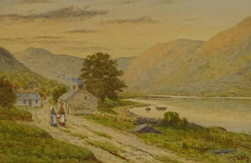 19thC School. Mountain lake scene, watercolour, indistinctly signed, 24.5cm x 35.5cm.