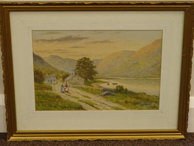 19thC School. Mountain lake scene, watercolour, indistinctly signed, 24.5cm x 35.5cm. - 2