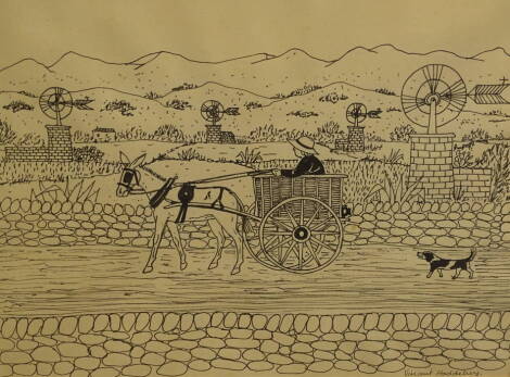 Vincent Haddelsey (1934-2010). Pony and trap, ink drawing, signed, 21cm x 27cm.