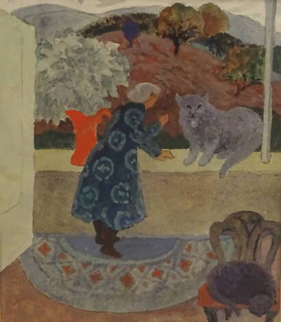 Morwenna Thistlethwaite (1912-?). Lady and cat, gouache, mongrammed, 22.5cm x 19cm.