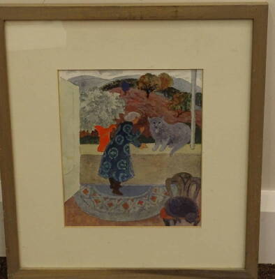 Morwenna Thistlethwaite (1912-?). Lady and cat, gouache, mongrammed, 22.5cm x 19cm. - 2