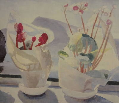 After Winifred Nicholson. Cyclamen and Primula, coloured print, 37.5cm x 41.5cm.