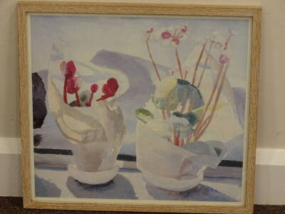 After Winifred Nicholson. Cyclamen and Primula, coloured print, 37.5cm x 41.5cm. - 2