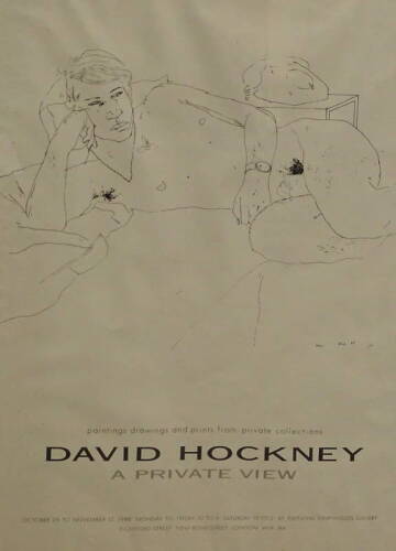 After David Hockney. A Private View, Editions Graphiques Gallery London - October 26 to November 12 1988, monochrome poster, 84cm x 57.5cm.