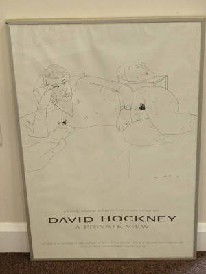 After David Hockney. A Private View, Editions Graphiques Gallery London - October 26 to November 12 1988, monochrome poster, 84cm x 57.5cm. - 2