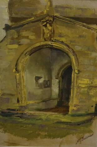 M.G. Belshaw. Church entrance, oil, signed, 58cm x 37cm.