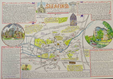 Edward R. Mayor. Kirkby on Bain, artist signed coloured map, 42cm x 30cm, and three others - Woodhall Spa, Sleaford, Horncastle (4).