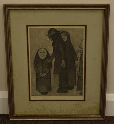 After Laurence Stephen Lowry (1887-1976). Family discussion, limited edition monochrome print 158/850, 37cm x 25cm. - 2