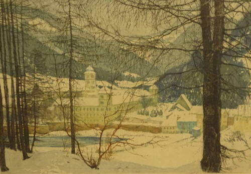 20thC Continental School. Winter landscape, artist signed coloured etching, 48cm x 62cm.