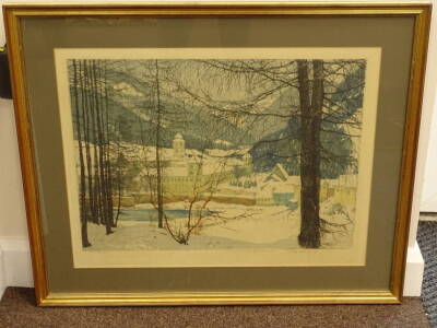 20thC Continental School. Winter landscape, artist signed coloured etching, 48cm x 62cm. - 2