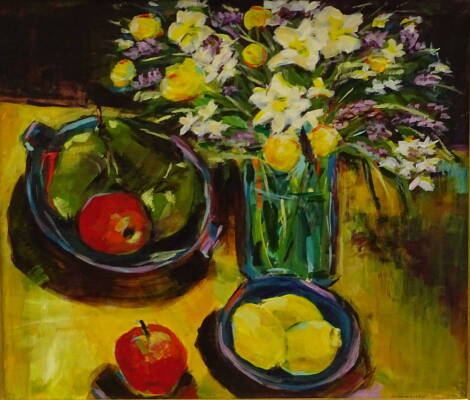 Julie Charnick (20thC). Floral and fruit still life, oil on board, signed, 29cm x 33cm.