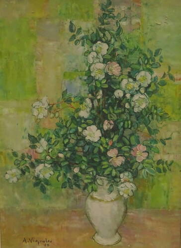 Andre Vignoles (1920-2017). Vase des fleurs, oil on canvas, signed, dated (19)60, titled verso, label verso Arthur Tooth and Sons Ltd London, 64cm x 44.5cm.