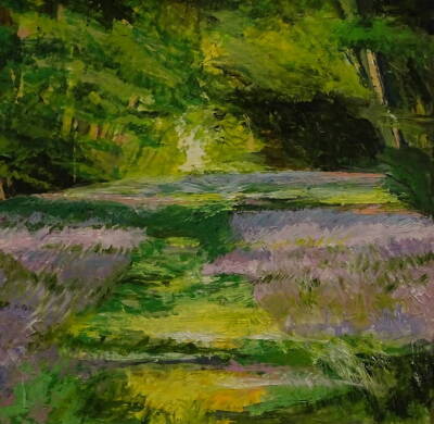 Pat Bustin (20thC). The Bluebell Wood, oil on board, signed and titled verso, 59.5cm x 59.5cm.