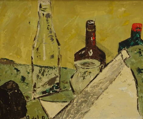 A. del Rey (20thC). Still life with bottles, oil on board, signed and titled verso, 37cm x 44.5cm.