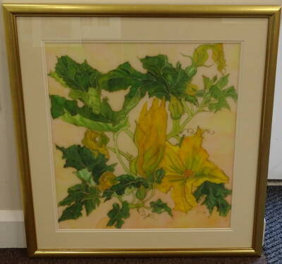 H C May (20thC). Zucchini, still life, sille paints on silk, signed 54cm x 48cm. - 2