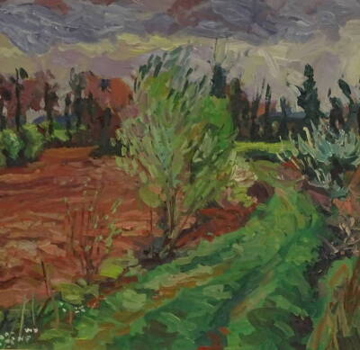 Pat Bustin (20thC). Landscape, oil, 28cm x 28cm.