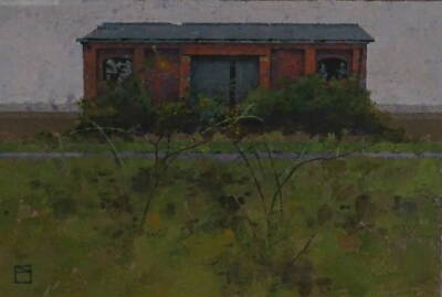 Nick Ellerby (20thC). The Old Goods Shed, acrylic on board, monogrammed and titled verso, 26.5cm x 38cm. Provenance: From the estate of Alistair John Ludlam). Afl Ludlam (Alistair John Ludlam) was born in Grimsby in January 1941. Purchased: The Gate Gall