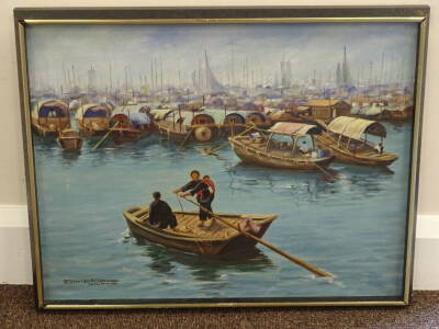 David Cheng (20thC). Hong Kong harbour scene. Oil on canvas, signed, titled and dated 1961, 39.5cm x 50cm. - 2