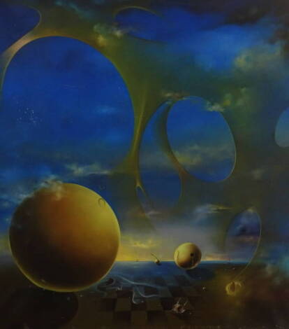 20thC School. Surrealist landscape, oil on canvas, indistinctly signed, dated 1968 verso, 114cm x 99cm.