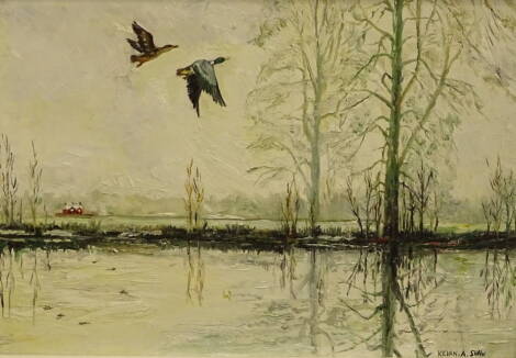 Kevan A. Shaw (20thC). Dawn flight, oil on board, signed and titled verso, 25.5cm x 36cm.