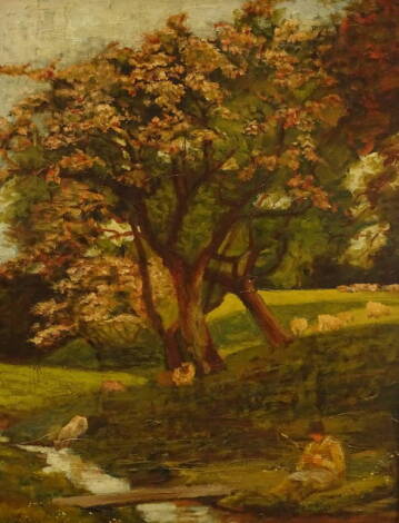 20thC British School. River landscape with seated figure, oil on board, 60cm x 44.5cm.